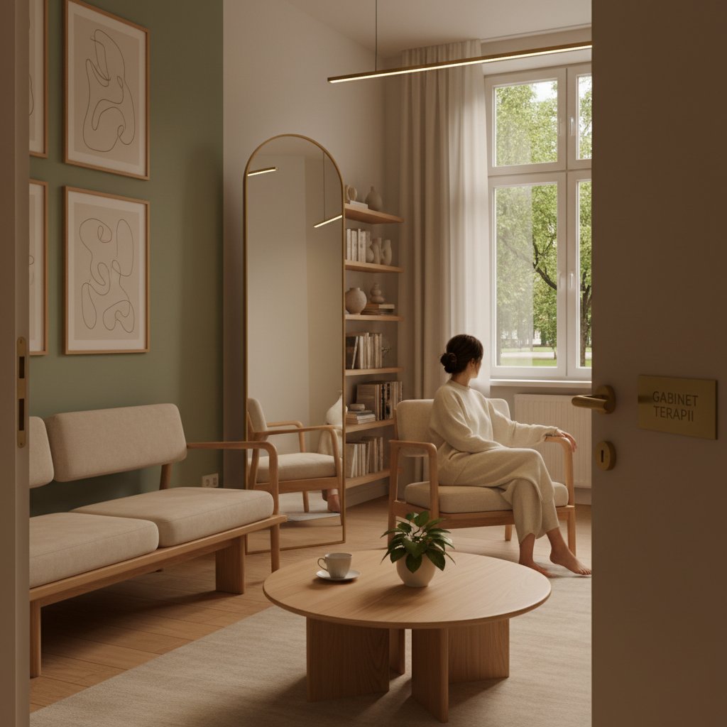 Autentyczne wnętrze polskiego gabinetu terapeutycznego z osobą zatopioną w refleksji – regresja w praktyce