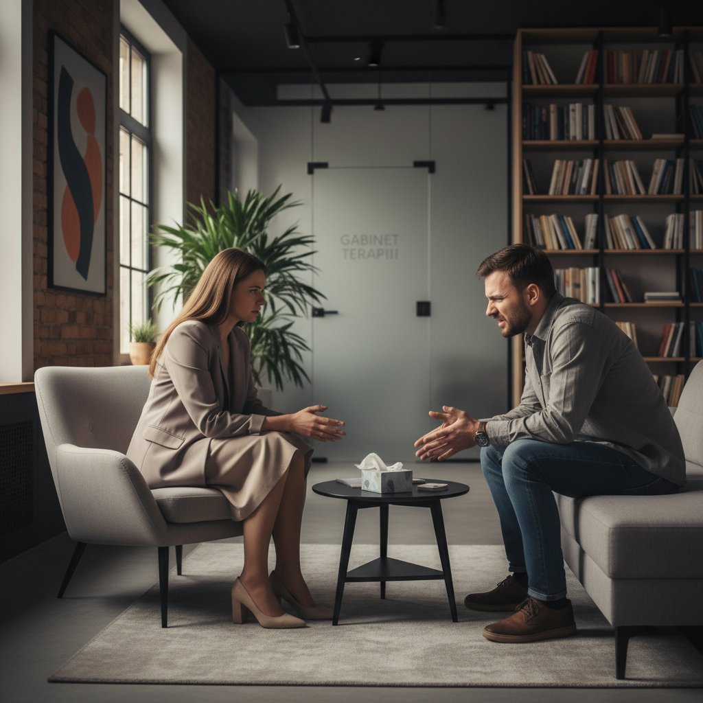Polski gabinet terapeutyczny, terapeuta i klient podczas konfrontacyjnej rozmowy