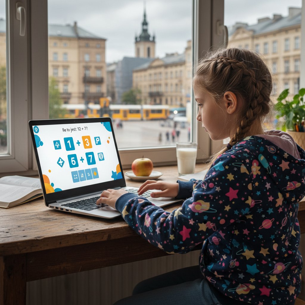 Uczeń trzeciej klasy rozwiązuje cyfrowe zadania matematyczne na laptopie w domu, matematyka klasa 3 online, wieczorne światło, skupienie