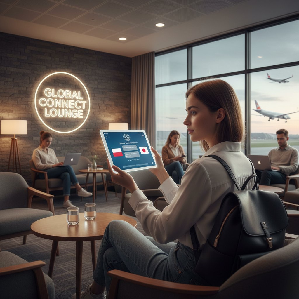 Polski podróżnik używający aplikacji do lotów w nowoczesnym lotniskowym lounge