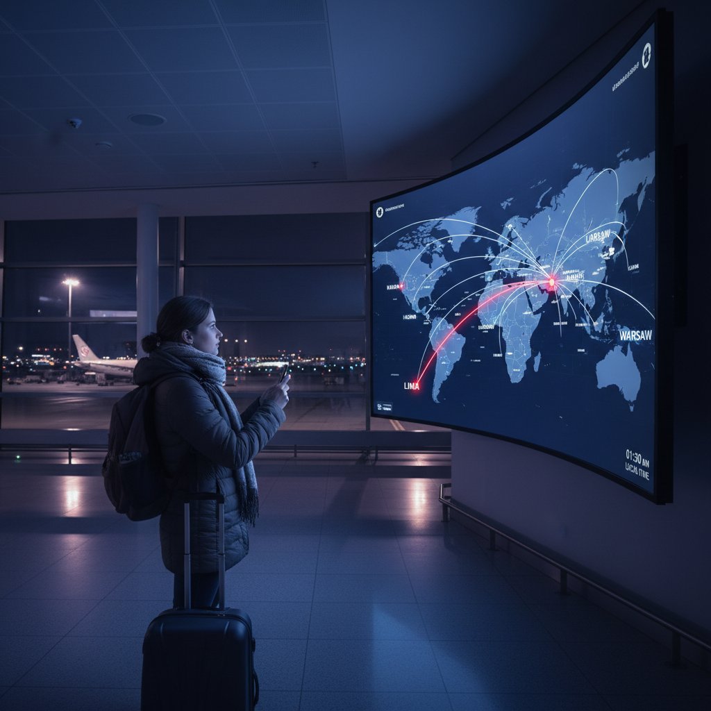 Podróżnik z Polski obserwujący mapę lotów na nocnym lotnisku, szukając trasy do Limy