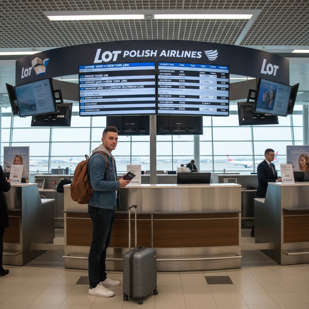 Polski podróżnik przy automacie do odprawy na lotnisku, ekran z dynamicznymi cenami w tle