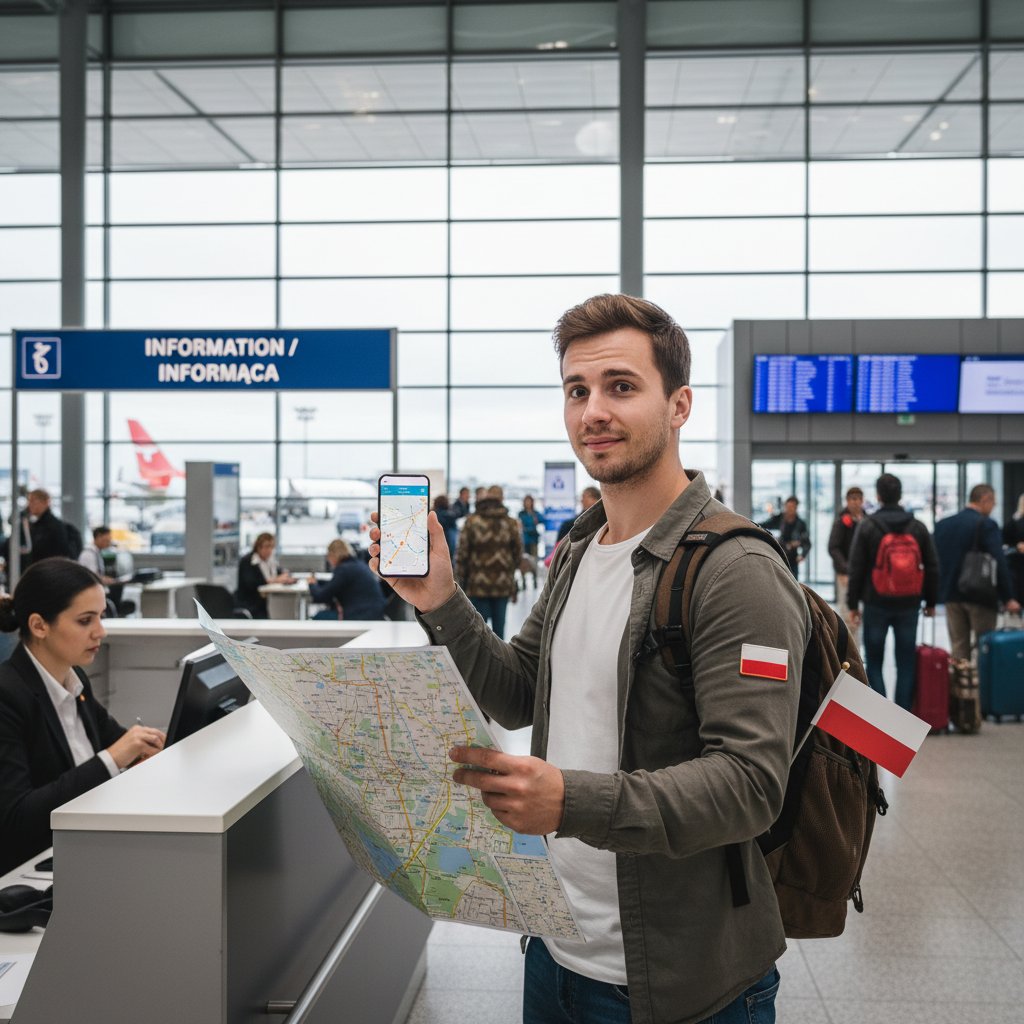 Polski podróżnik pyta o drogę na lotnisku w Rosji, otwarta mapa i telefon
