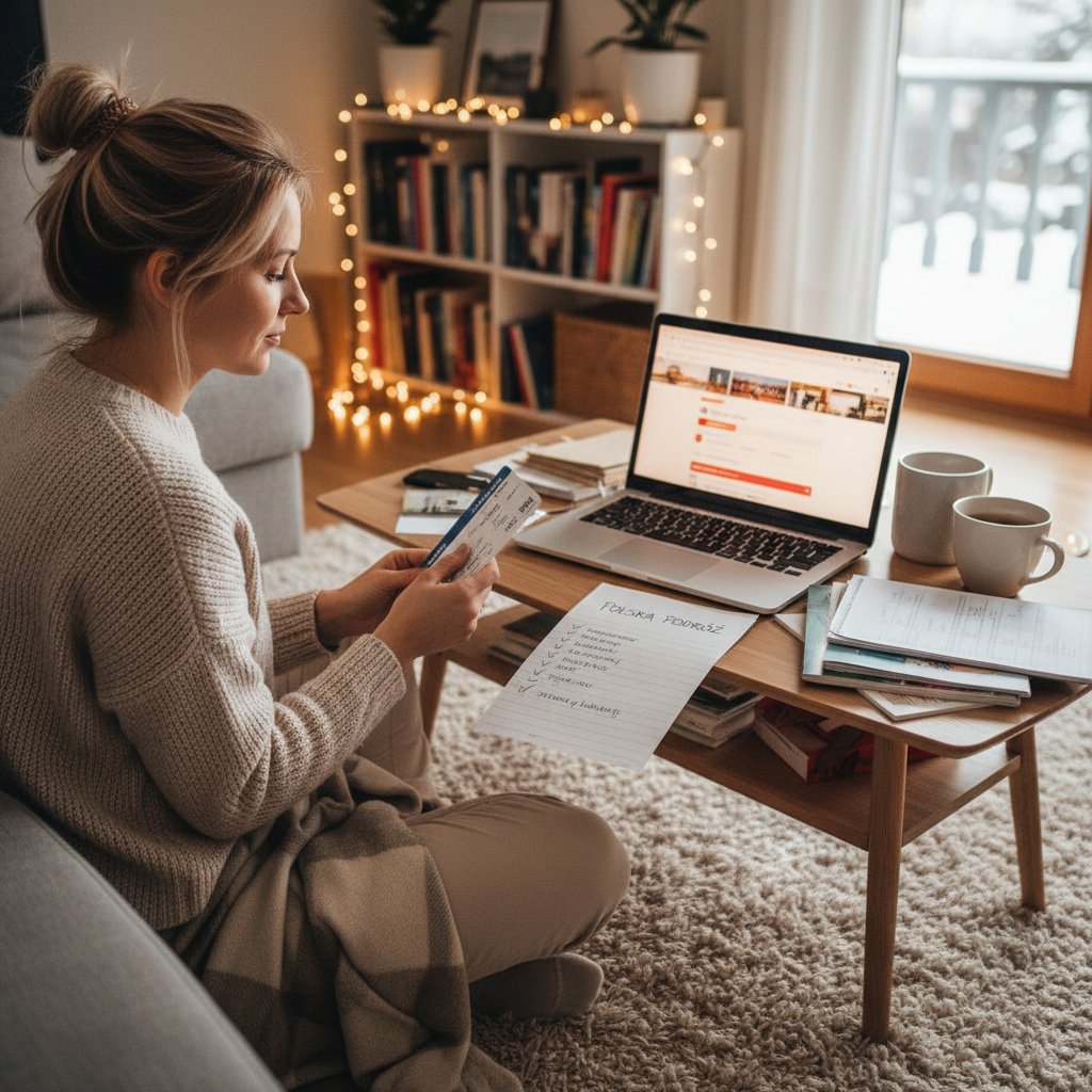 Polski podróżnik w domu odhaczający listę kontrolną przed zakupem biletu na lot do Billund
