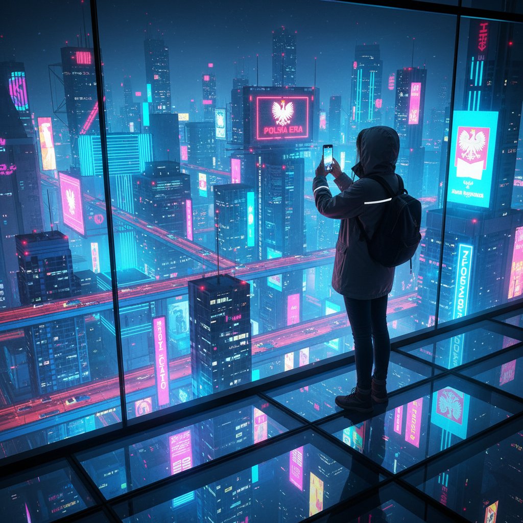 Młody podróżnik w Polsce nerwowo szuka noclegu na smartfonie nocą, miasto pełne neonów