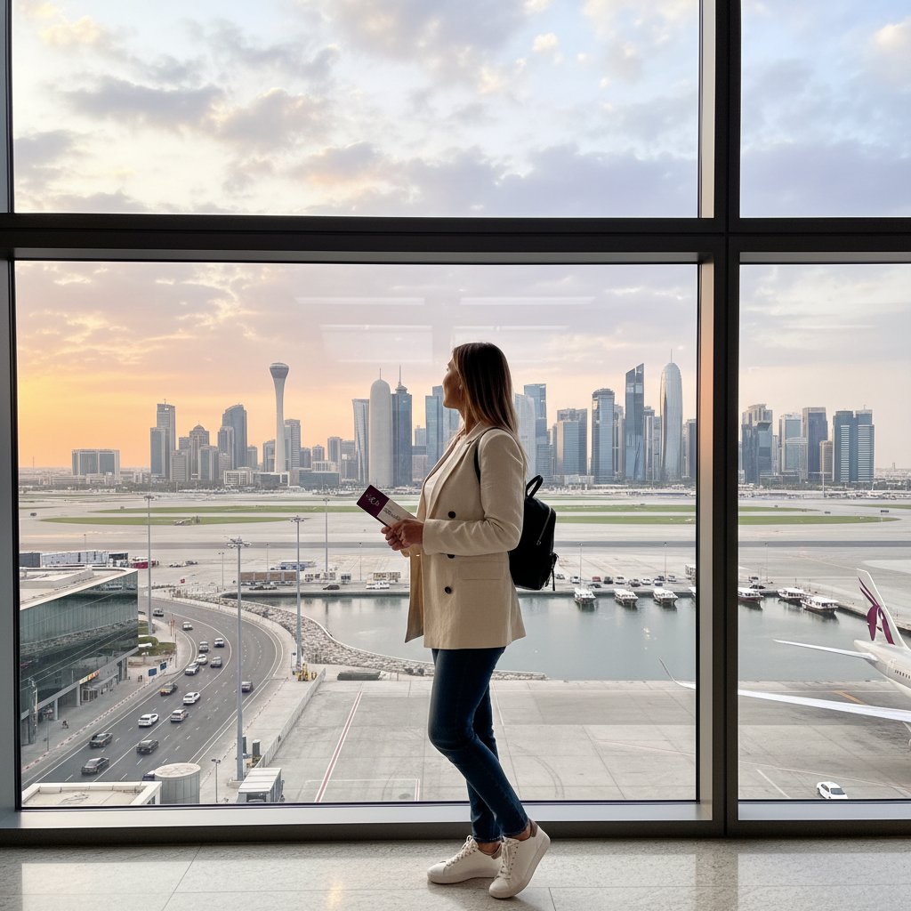 Polski podróżnik wychodzący z samolotu Qatar Airways na lotnisku w Doha, w tle panorama miasta
