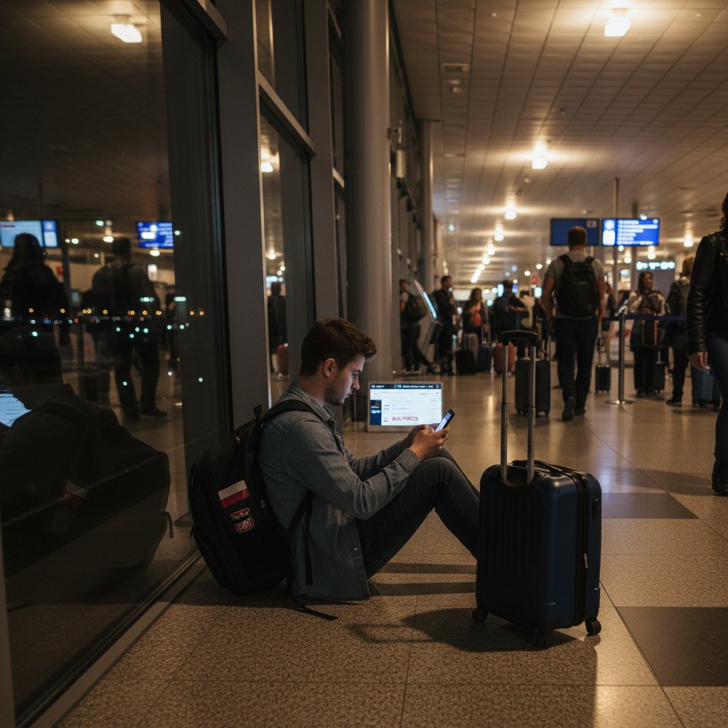 Podróżnik przegląda oferty tanich biletów lotniczych na telefonie w zatłoczonym, nocnym lotnisku, polowanie na okazje