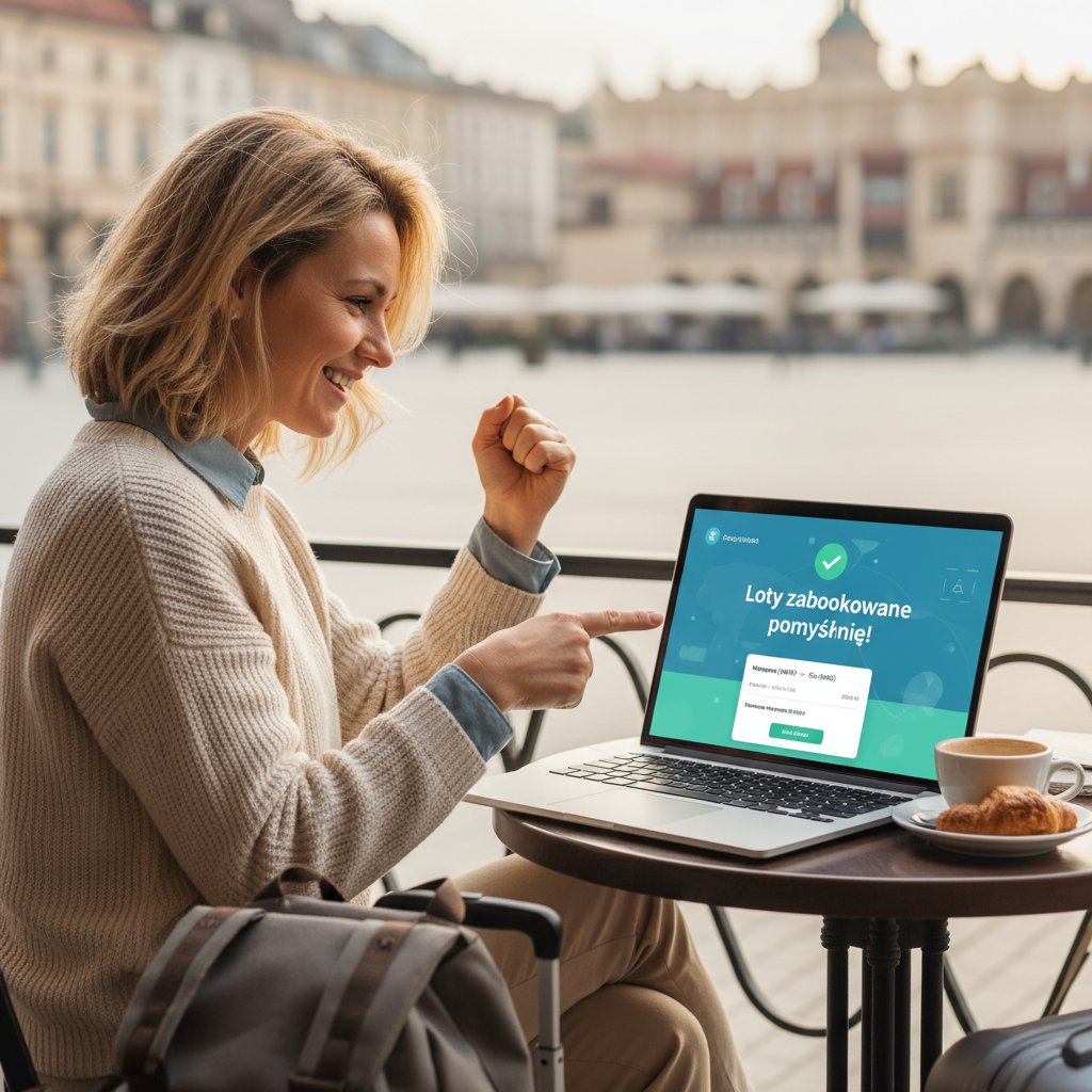 Polski podróżnik zamykający laptopa po udanej rezerwacji biletu lotniczego z aplikacji
