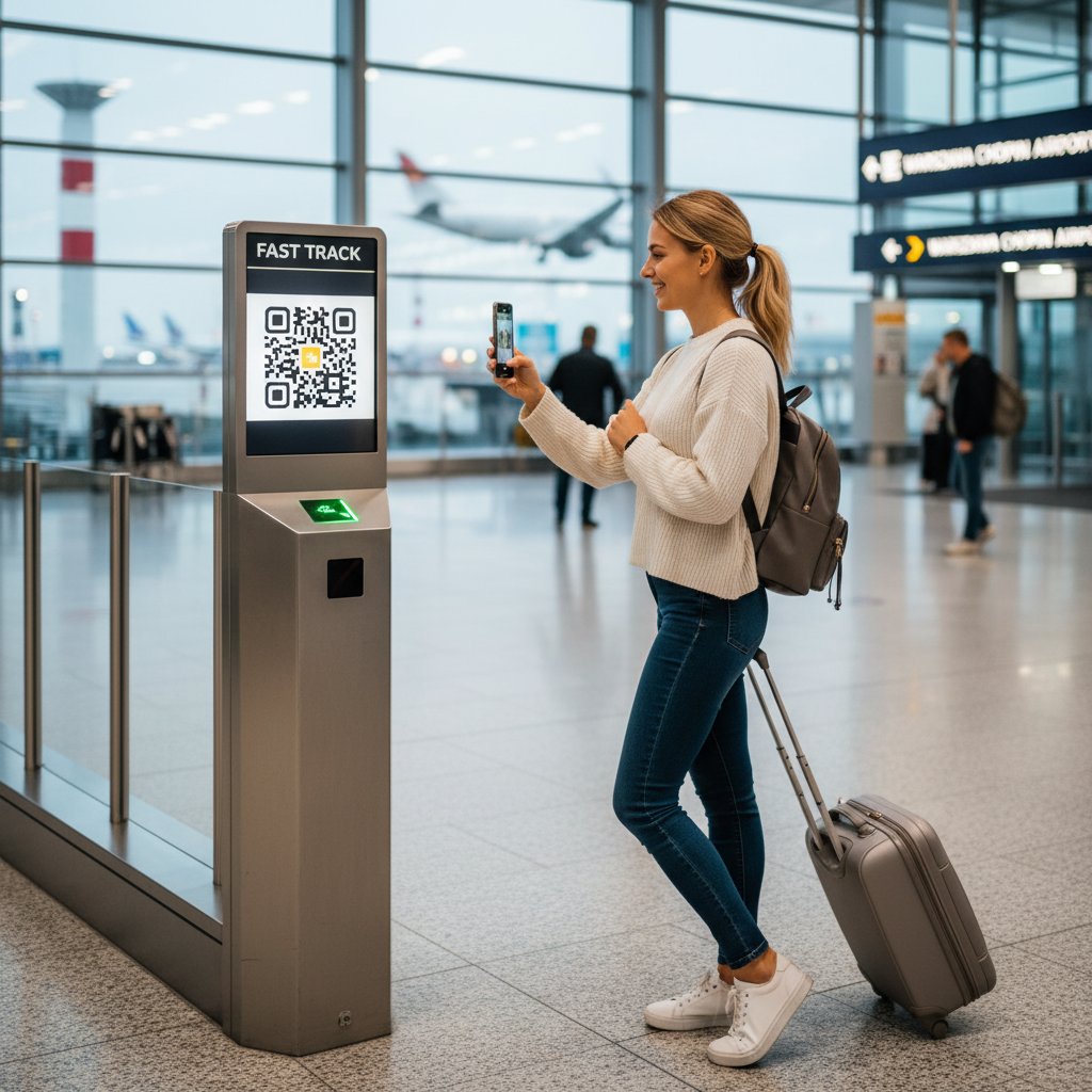 Polski podróżny korzystający z fast track przez aplikację mobilną na lotnisku.