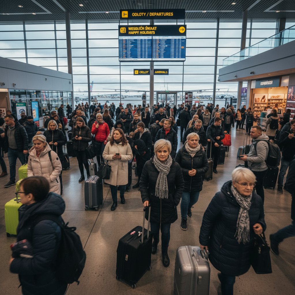 Polscy podróżni na lotnisku w długi weekend, tłum i emocje