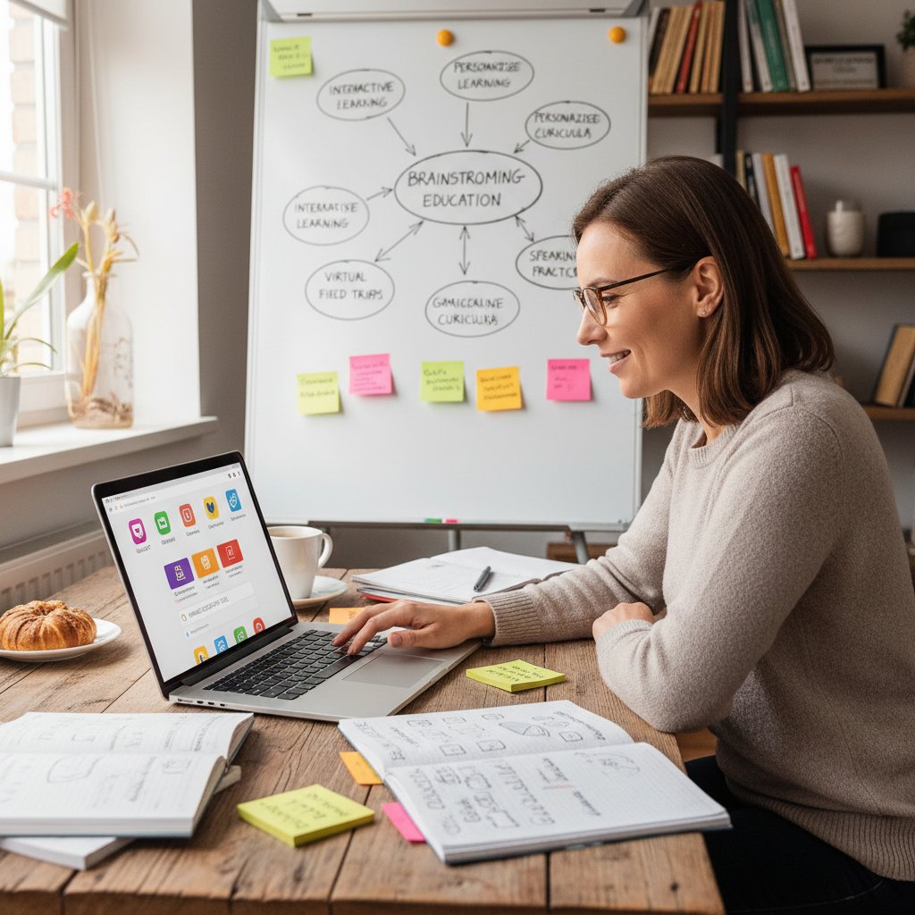 Nauczyciel wybiera narzędzie do burzy mózgów na laptopie, widoczne różne aplikacje