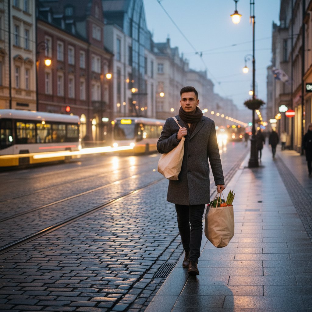 Młody Polak wracający z zakupami, gotowy na własną rewolucję kulinarną