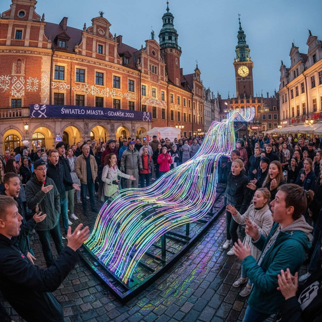 Polska kampania eventowa w nietypowej przestrzeni miejskiej, tłum zaskoczony interaktywną instalacją, nocne światła
