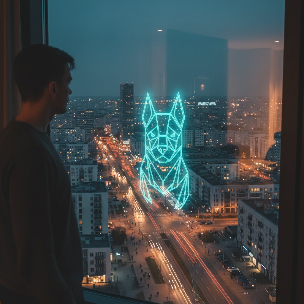 Osoba patrząca przez okno w polskim mieście z telefonem z ikoną psa online – smutny, samotny klimat