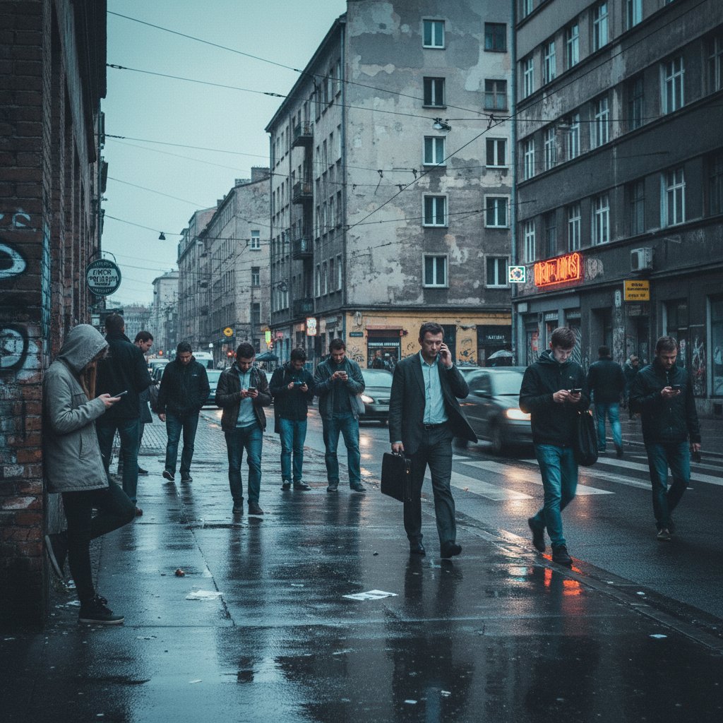 Miejski krajobraz Polski, ludzie na ulicy zapatrzeni w telefony, surowy styl dokumentalny