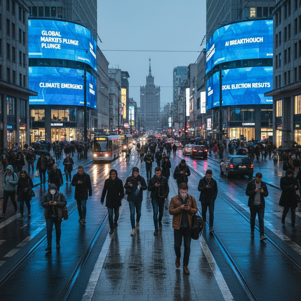 Polska ulica, cyfrowe nagłówki, ludzie obojętni na szum informacyjny