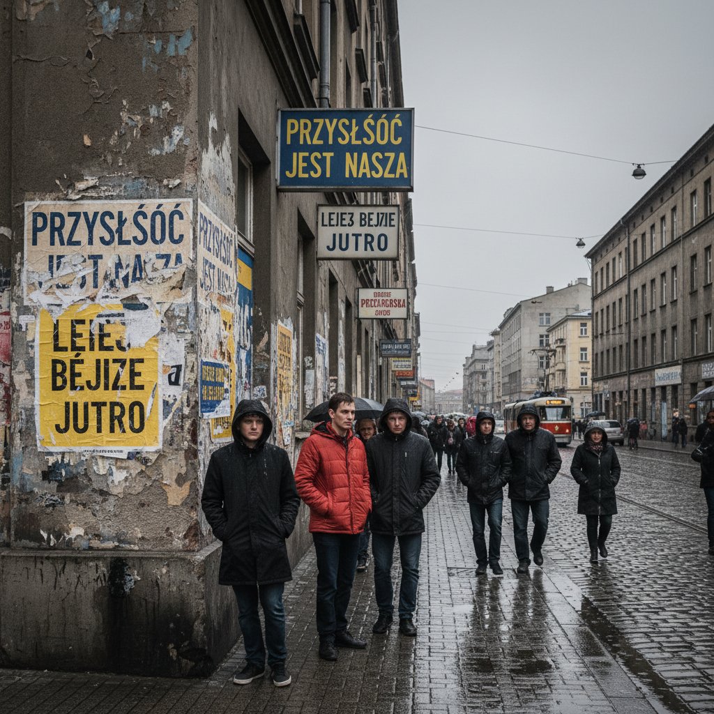 Polska ulica z podniszczonymi plakatami afirmacyjnymi, sceptyczny klimat, afirmacje, pozytywne myślenie