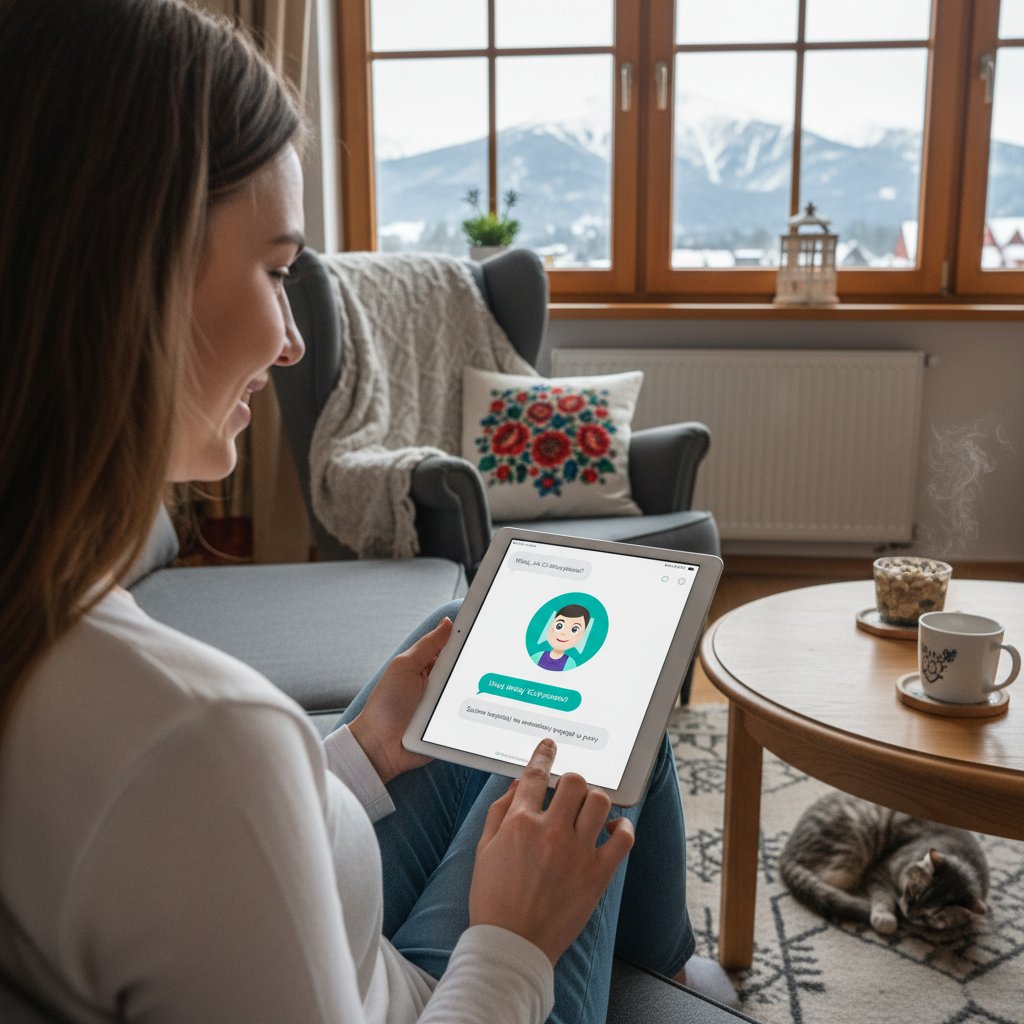 Polski użytkownik korzysta z AI w domu, smartfon z widoczną aplikacją czatbota