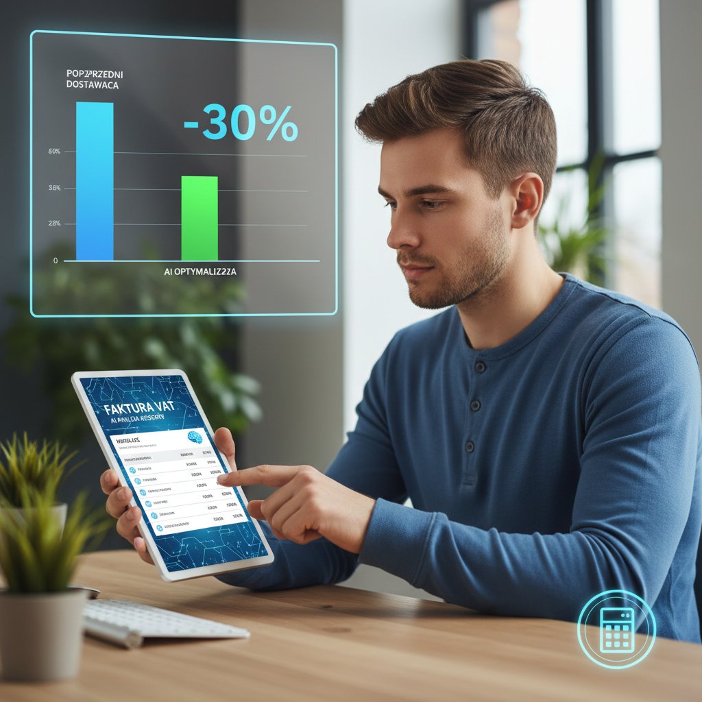 Polski użytkownik trzymający wydrukowaną fakturę OpenAI i kalkulator, zestawienie kosztów AI