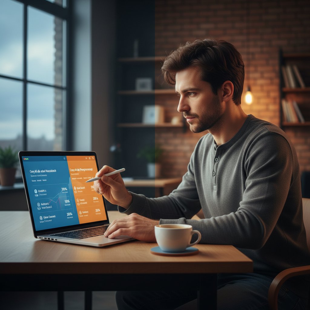 Polski użytkownik analizujący kontrastowe zestawienie cenników AI, porównanie na ekranie laptopa