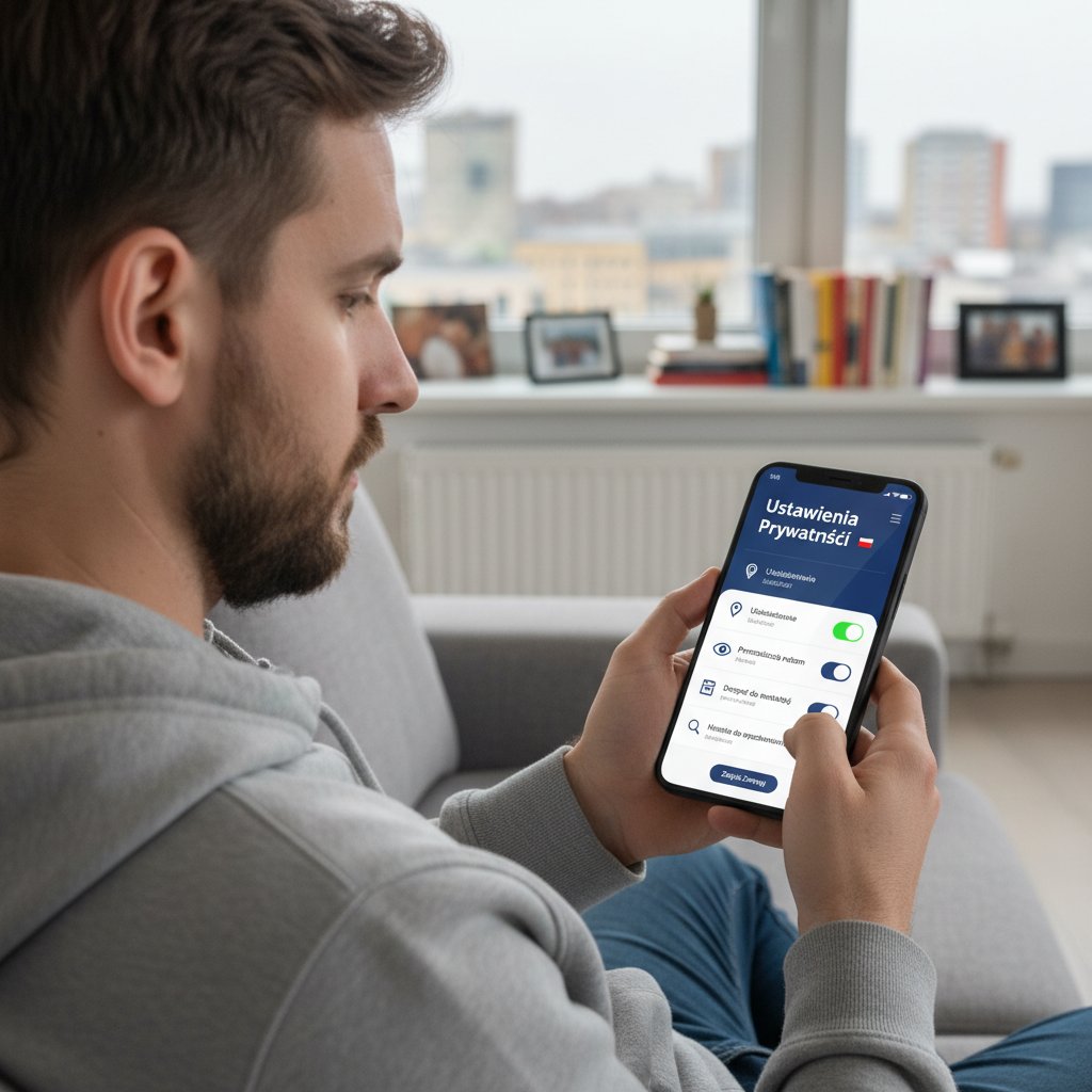 Polski użytkownik sprawdza ustawienia prywatności aplikacji mobilnej na smartfonie