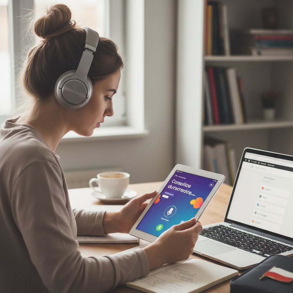 Użytkownik testujący różne aplikacje do nauki francuskiej wymowy na tablecie i laptopie
