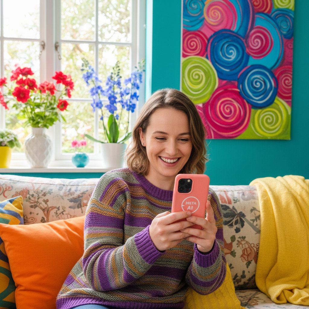 Użytkownik testujący Meta AI na smartfonie, domowe otoczenie, żywe kolory