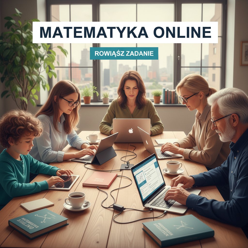Grupa osób w różnym wieku korzystająca z tabletów i laptopów do nauki matematyki online