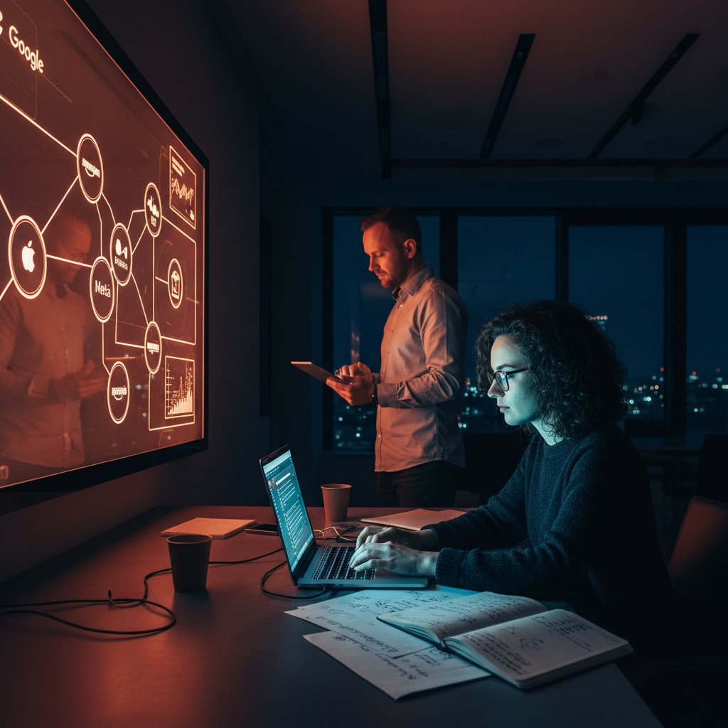 Symboliczne zdjęcie: polscy użytkownicy monitorujący działania dużych firm technologicznych, laptop, notatki, kontrastowe światło