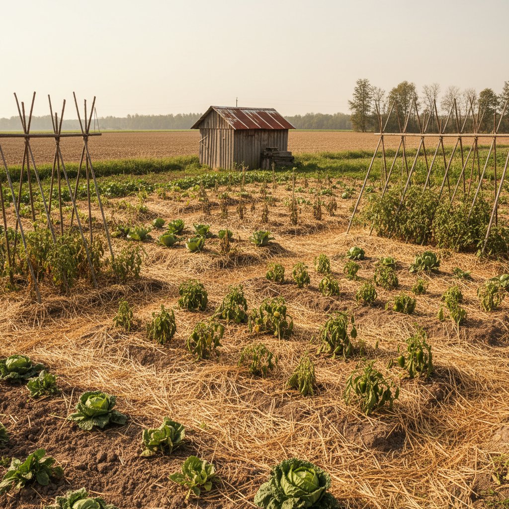 Polska rabata warzywna w czasie suszy z warstwami ściółki