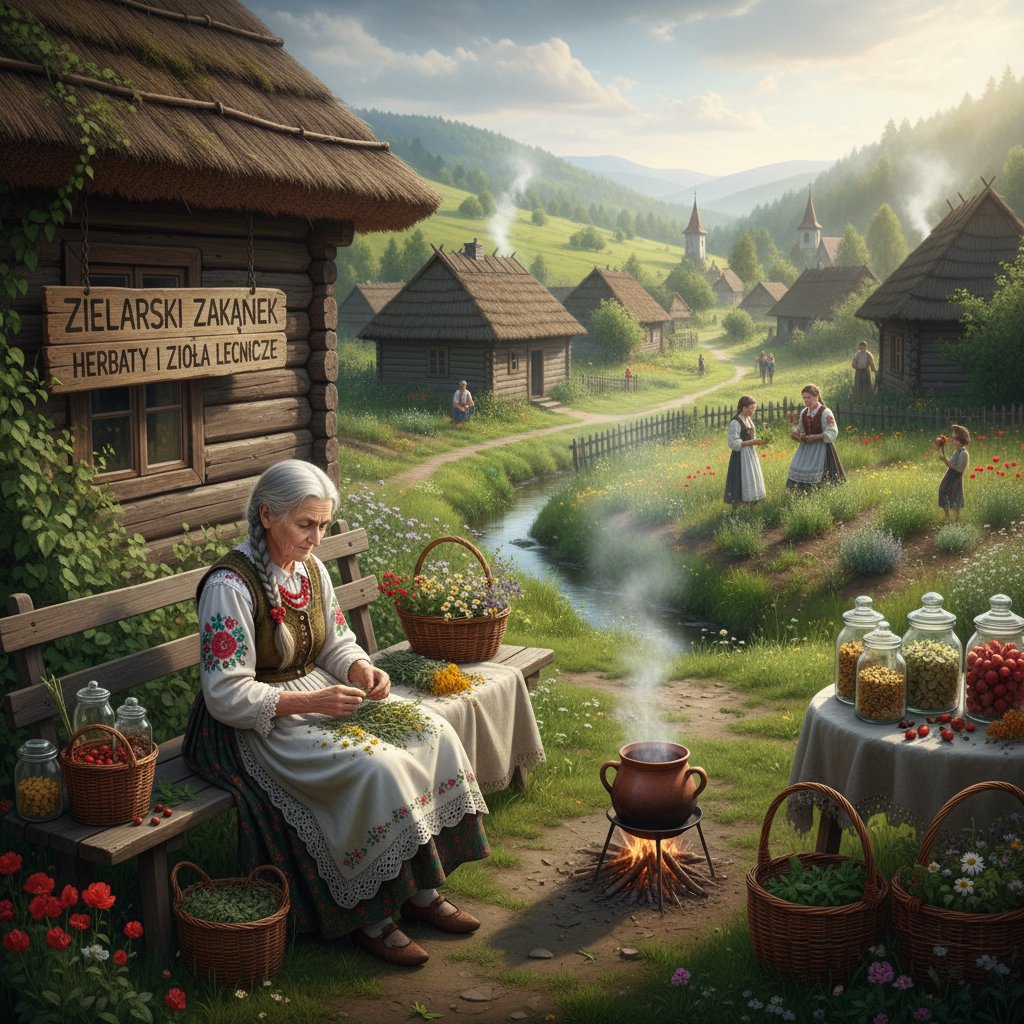 Polska wiejska kuchnia, starsza kobieta przygotowująca ziołowy napar – tradycyjne źródła efektu placebo