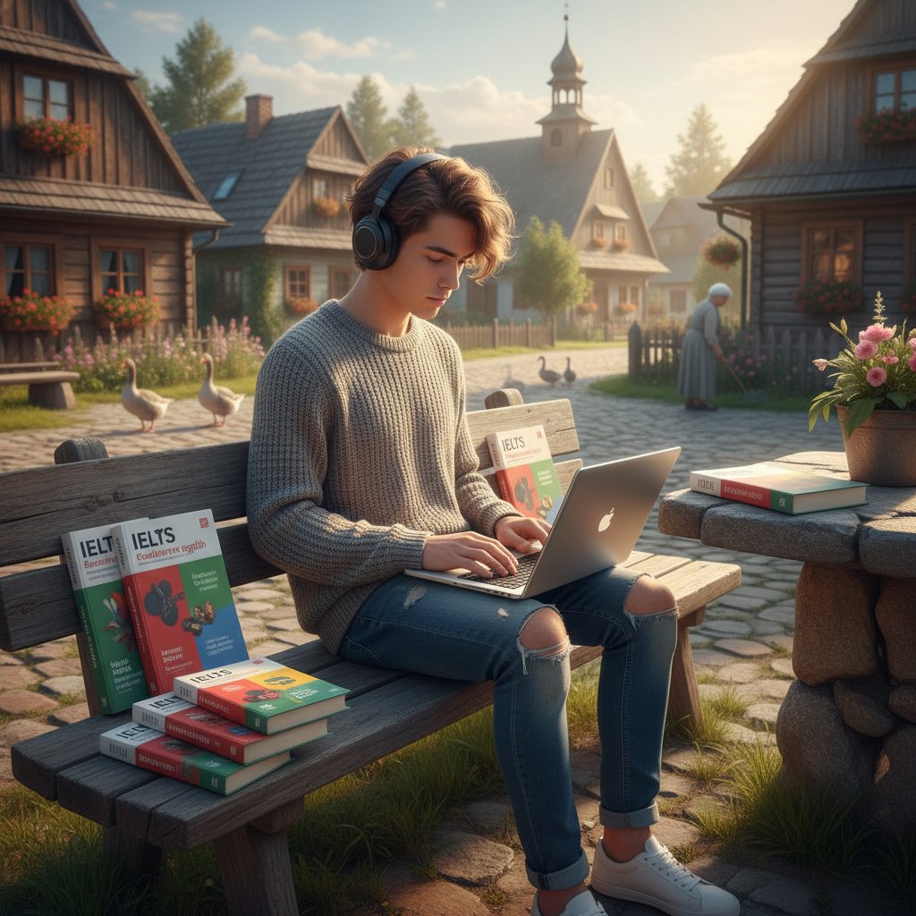 Studentka z polskiej wsi w słuchawkach, uśmiechnięta przy laptopie, wokół notatki i książki IELTS