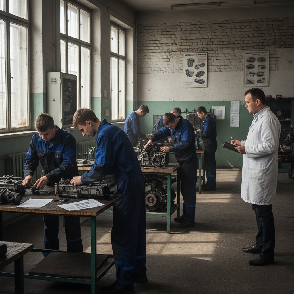 Egzamin praktyczny w sali zawodowej – uczniowie mechanicy przy stanowiskach.