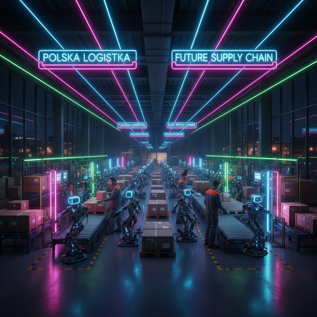 Nowoczesny polski magazyn, gdzie AI i roboty współpracują z ludźmi przy regałach pełnych towarów