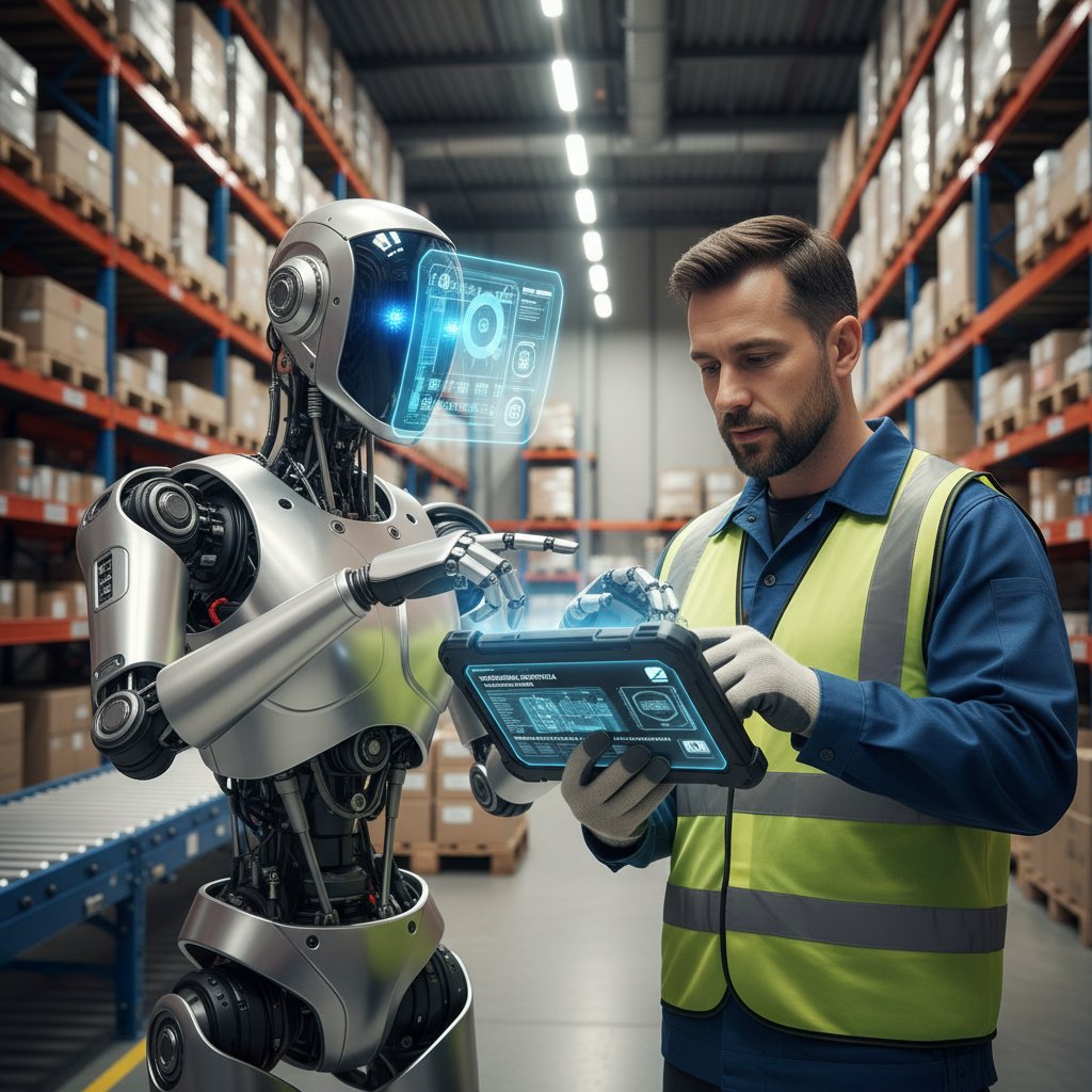 Polski pracownik magazynowy korzystający z tabletu przy pracy z robotem AI