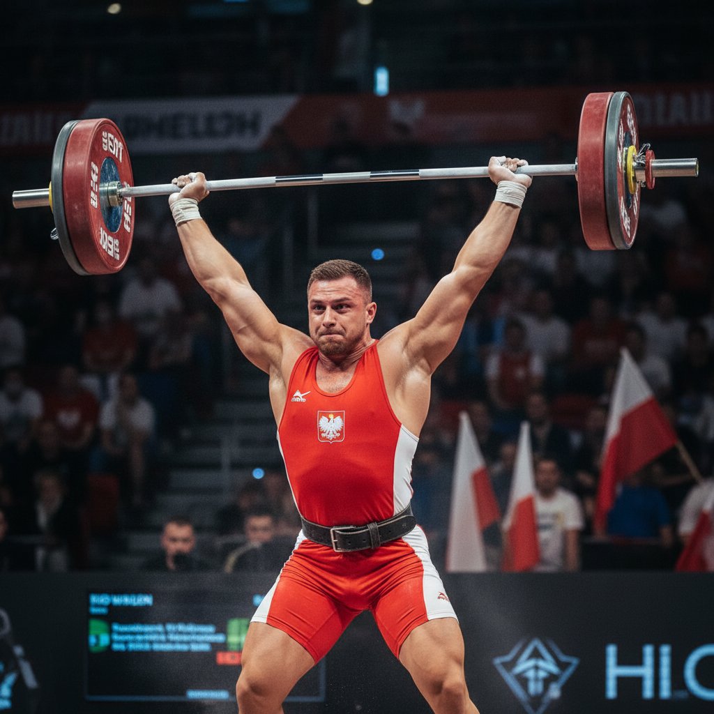 Polski sztangista w trakcie rwania, dynamiczne ujęcie ruchu, podkreślone mięśnie