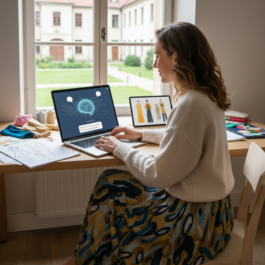 Młoda kobieta korzystająca z polskiego chatbota AI przy laptopie