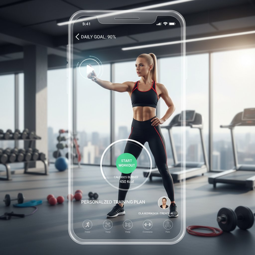 Kobieta konsultująca się z wirtualną trenerką fitness AI na swoim smartfonie, motywacja i technologia