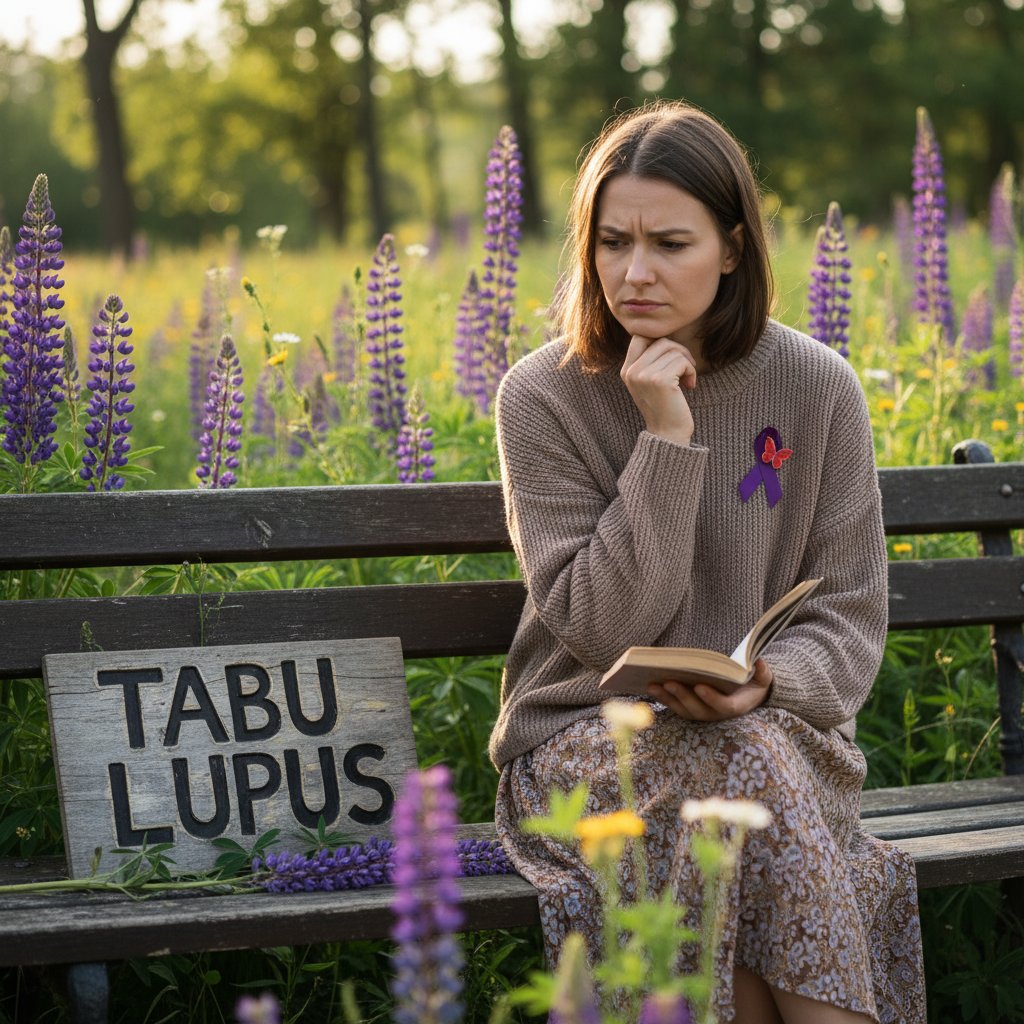 Polska kobieta siedząca na ławce, patrząca zamyślona – symbolizuje walkę z SLE i społeczne tabu