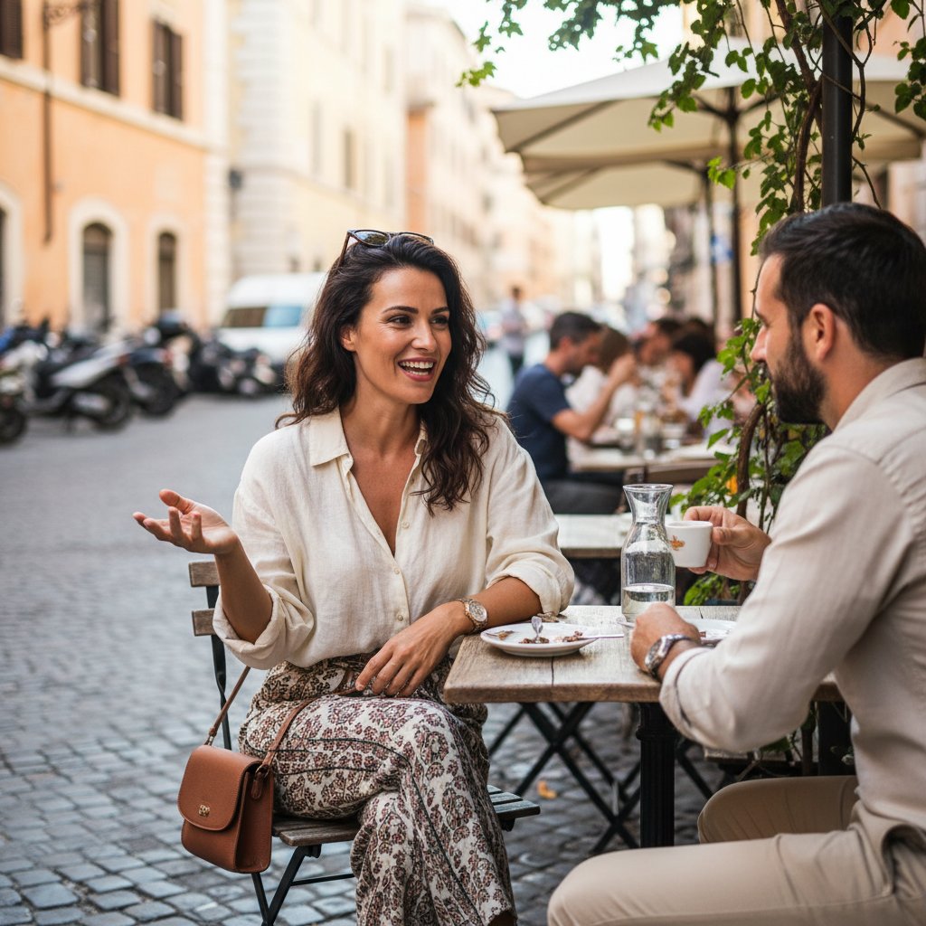 Polska kobieta rozmawiająca po włosku w kawiarni, czuje się pewnie dzięki kursom online