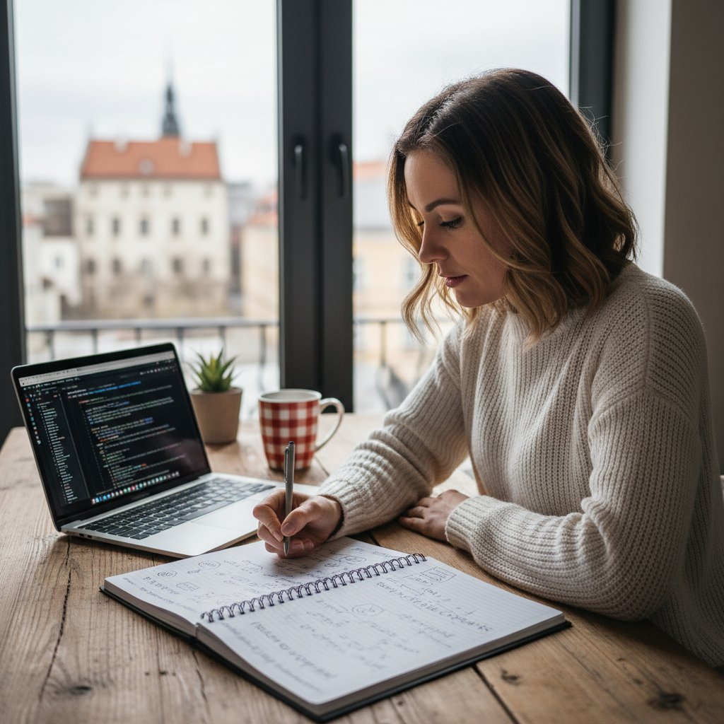 Młoda kobieta sprawdza checklist przy wyborze kursu machine learning online, notatki, laptop