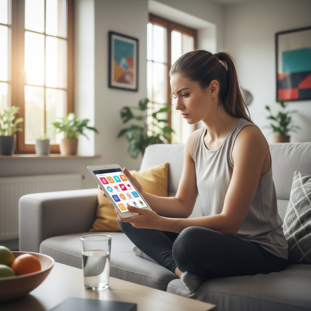 Polska kobieta wybiera aplikację fitness na smartfonie, skupiona, jasne wnętrze domu