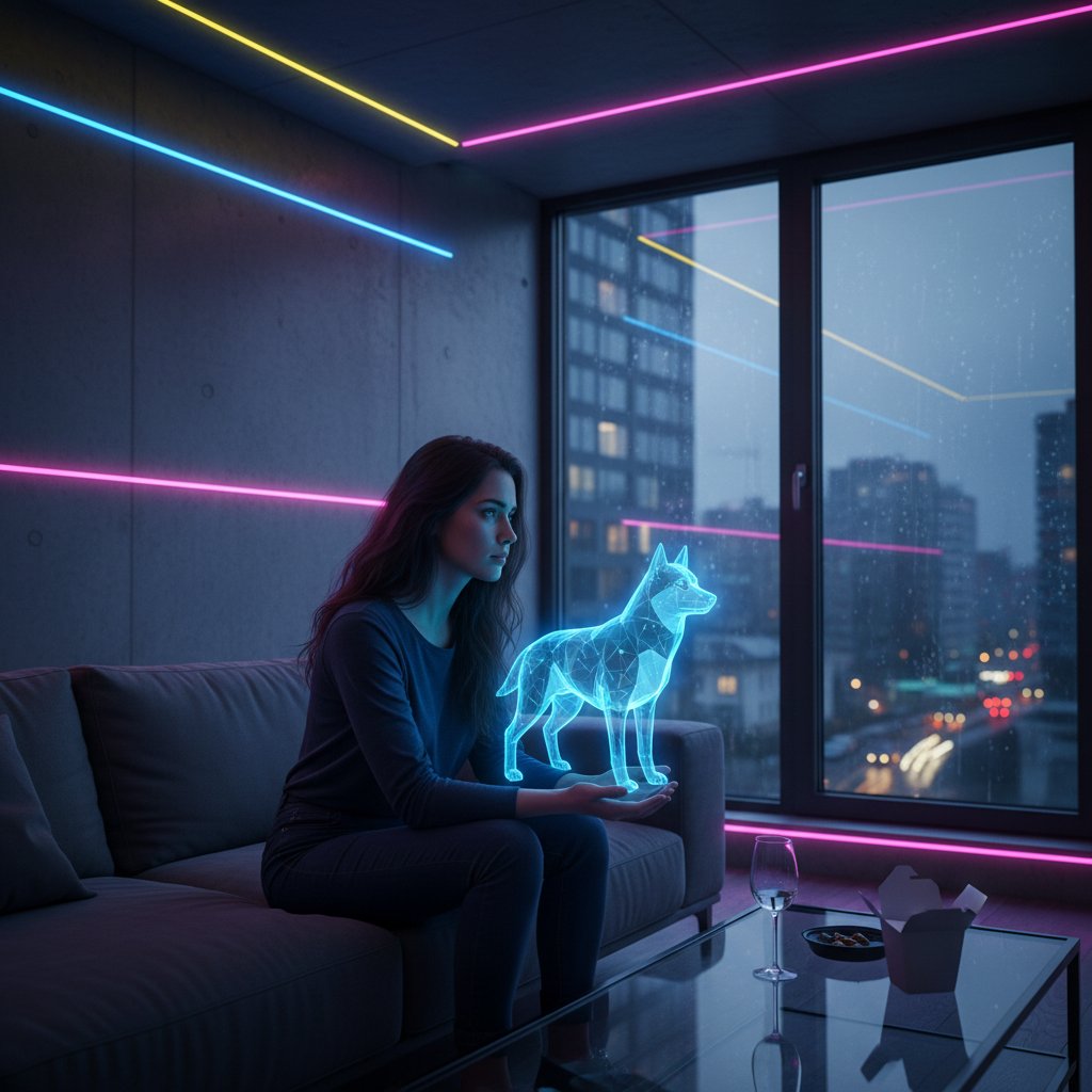 Polska kobieta w miejskim mieszkaniu patrzy na ekran smartfona, na którym wyświetla się cyfrowy piesek AI, stres i samotność w nowoczesnym świecie