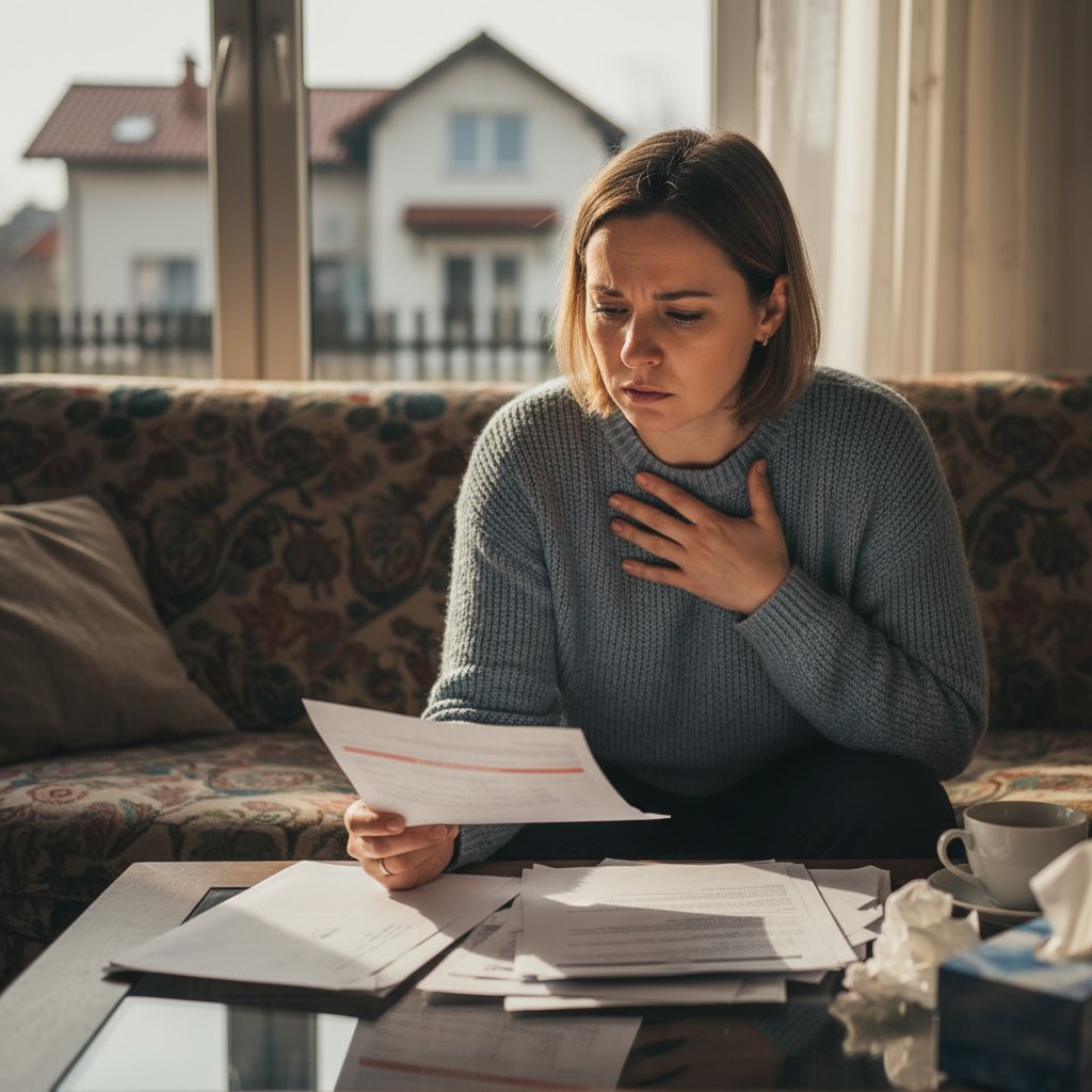 Doświadczona Polka patrzy z niepokojem na wyniki badań w domu, odzwierciedlając skutki zaniedbań