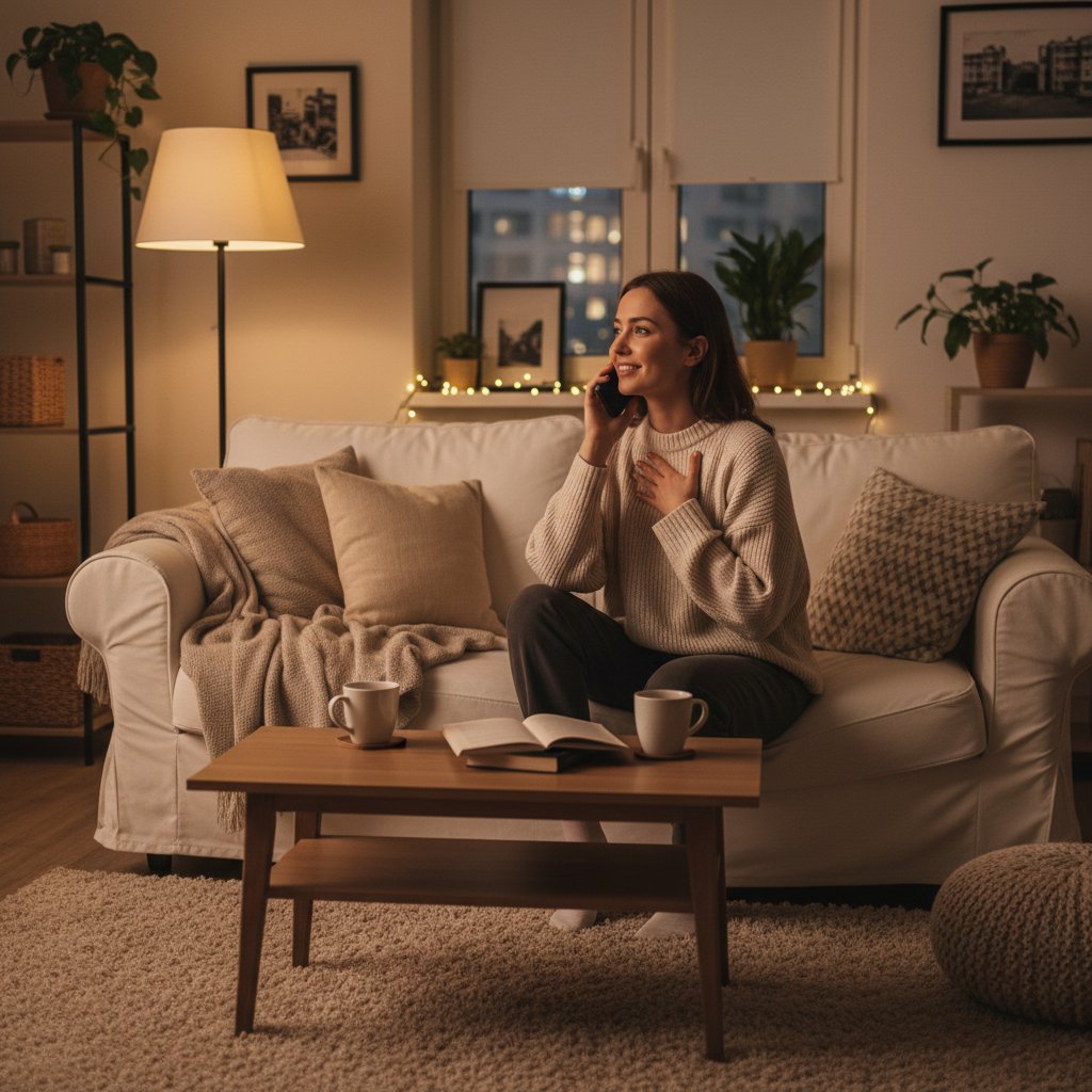 Ania rozmawia z cyfrowym przyjacielem w przytulnym mieszkaniu, wieczorna atmosfera, nadzieja na twarzy