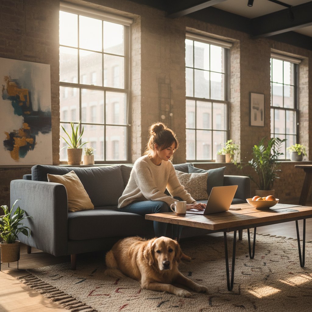Kobieta z psem korzysta z laptopa w salonie, opieka nad psem krok po kroku online