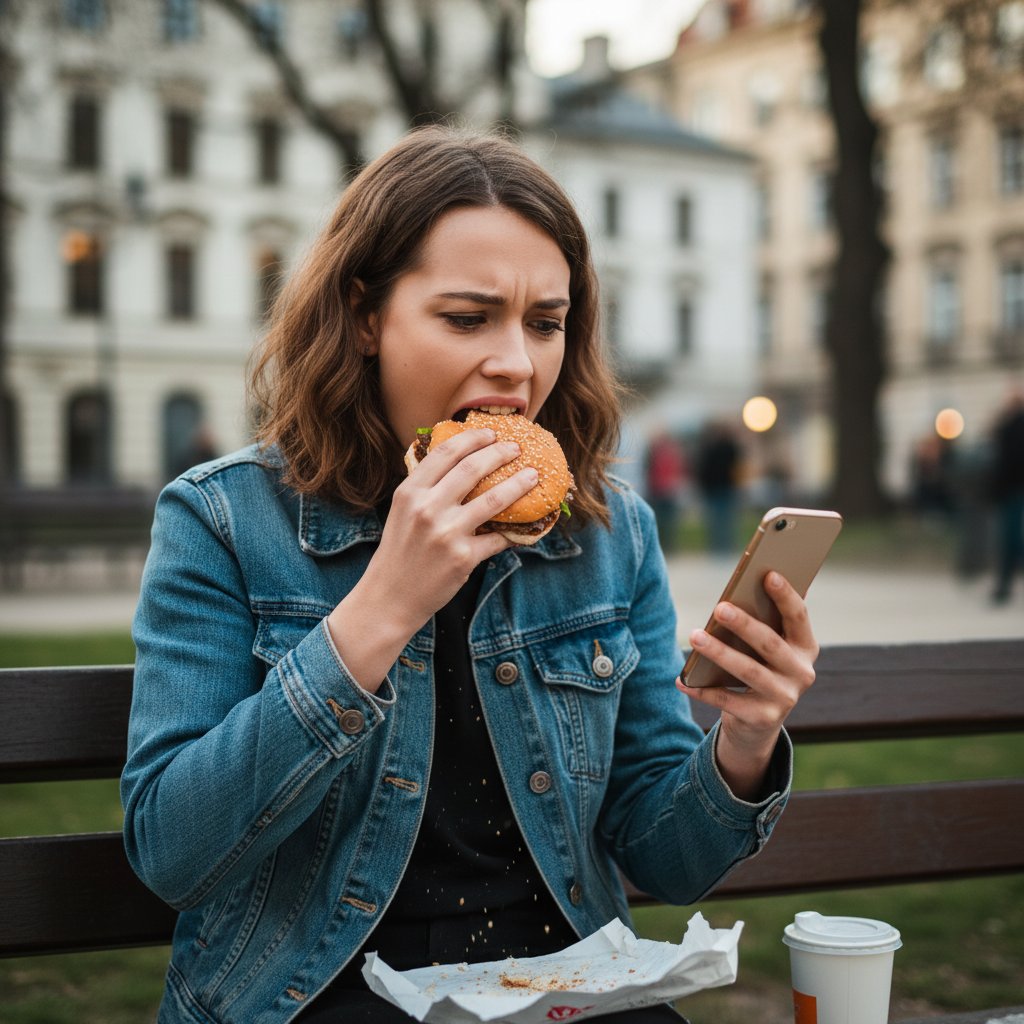 Polka jedząca w biegu, patrząc na telefon – obraz typowego błędu trawiennego