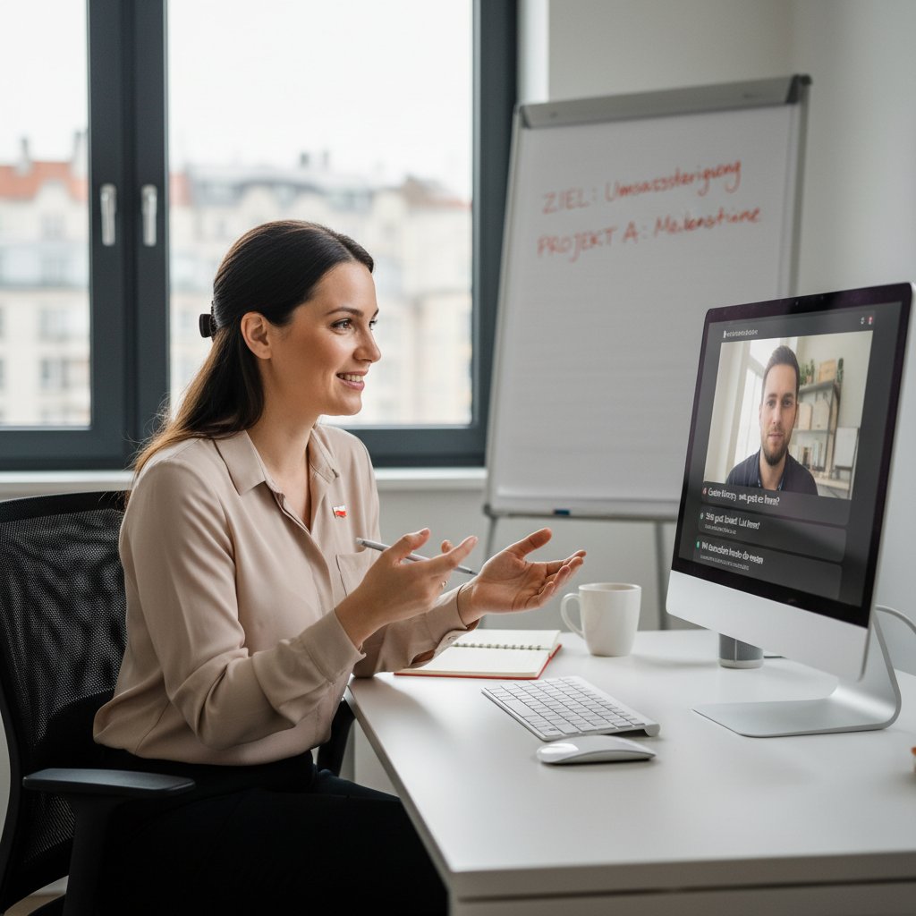 Młoda kobieta w biurze pracuje i rozmawia po niemiecku przez słuchawki podczas wideokonferencji