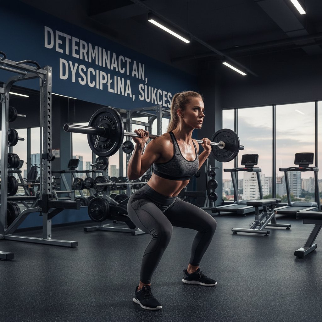 Motywacja a dyscyplina – kobieta na siłowni, skupienie, wytrwałość