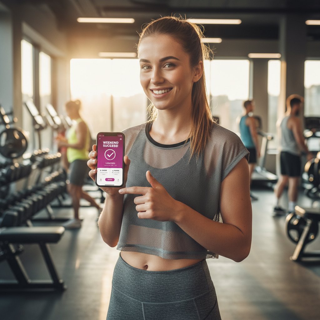 Polska kobieta zadowolona po treningu, trzymająca telefon z aplikacją fitness, sukces treningu weekendowego